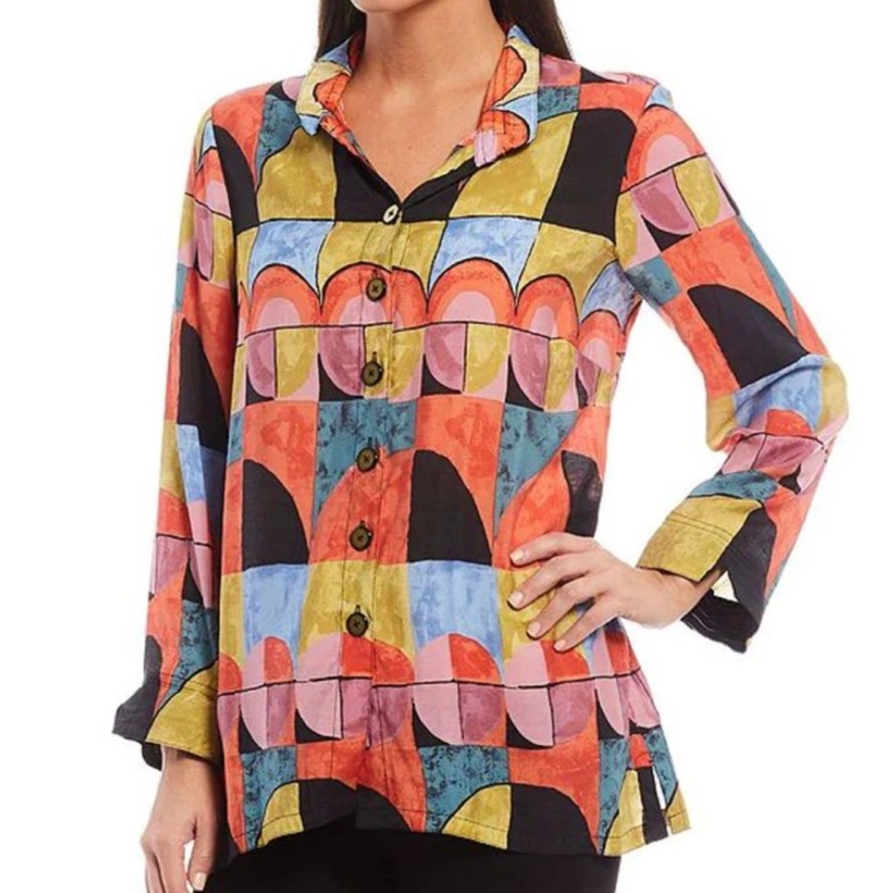 John Mark Geometric Print Shirt Wired Collar Size M Pockets Funky Vacation